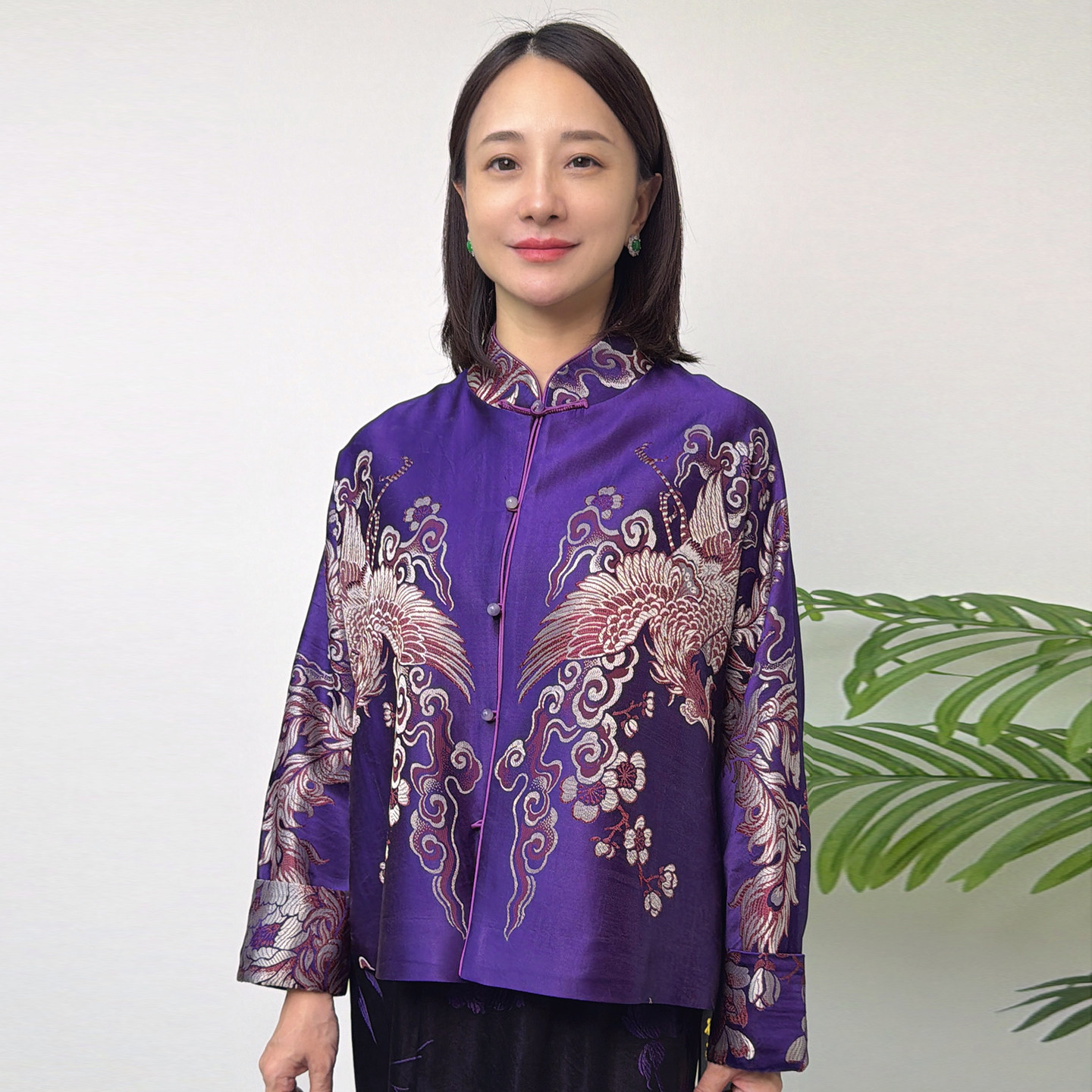 新中式立领刺绣花卉长袖上衣女气质显瘦紫色外套