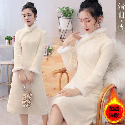 加绒加厚款冬季新款旗袍连衣裙女
