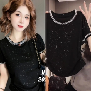 冰丝螺纹短袖女夏季通勤风黑色正肩T恤圆领显瘦收腰遮肚闪亮上衣