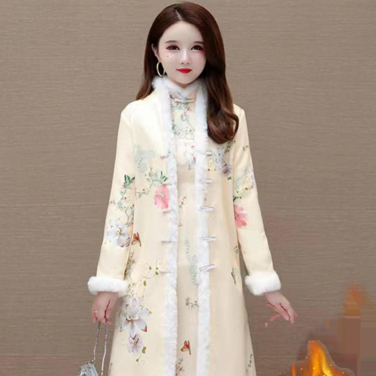 中式国风旗袍式棉服外套女冬季