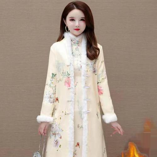 中式国风旗袍式棉服外套女冬季