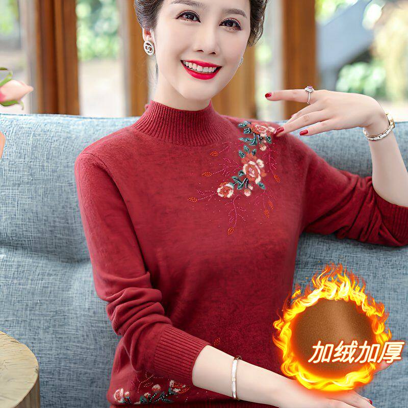 妈妈装2026年秋冬新款加绒加厚打底衫洋气女装半高领休闲打底上衣