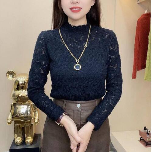 蕾丝超柔德绒半高领长袖打底衫