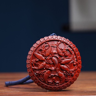 紫檀木雕刻国风古韵中式年年有余十二生肖六字真言转运车挂手把件