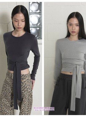 韩国ordes直邮代购2024秋春女装休闲修身系带百搭圆领长袖T恤上衣