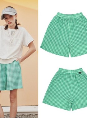 bluetail韩国直邮代购2025夏儿童绿色格子宽松运动短裤130-175