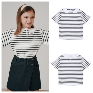 100 T恤童装 165 2025秋春儿童黑色条纹圆领短袖 been韩国直邮代购