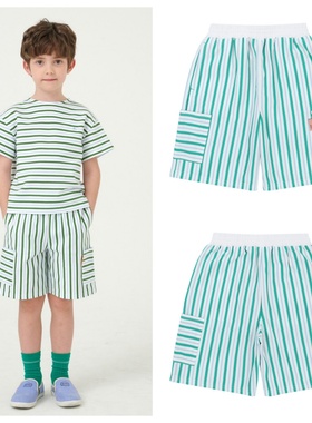 been韩国直邮代购2025春夏儿童绿色条纹休闲宽松短裤童装100-165