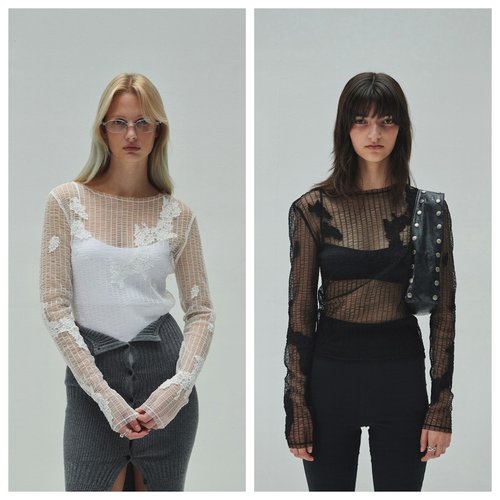 韩国diagonal直邮代购2024秋春女装百搭透明蕾丝圆领长袖T恤上衣