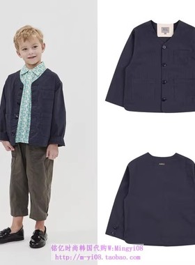 been韩国代购2023春秋儿童海军蓝纯色v领开衫休闲外套童装110-165