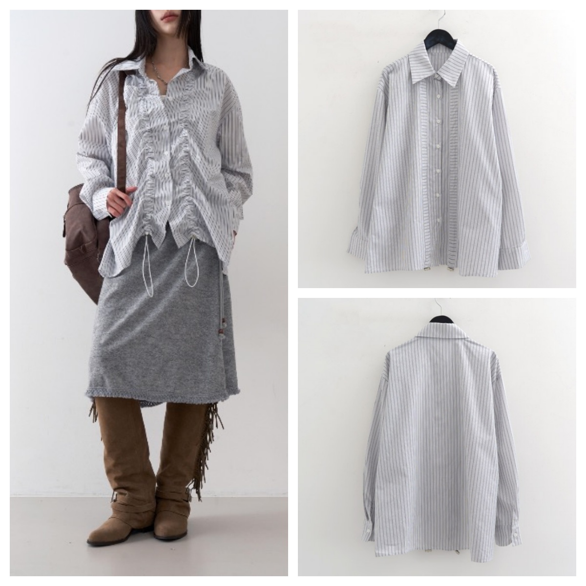 韩国lowear直邮代购2025春秋女装宽松休闲条纹单排扣衬衫长袖上衣