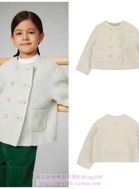 been韩国代购2023秋春儿童薄荷色羊毛无领女孩外套童装110-155