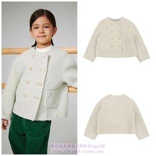 155 110 been韩国代购 2023秋春儿童薄荷色羊毛无领女孩外套童装