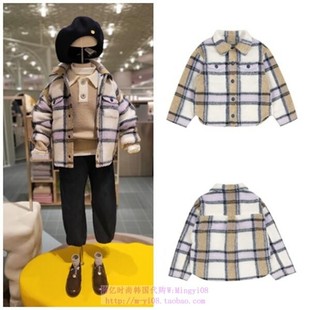 155 110 been韩国代购 2023秋冬儿童象牙白格子毛呢翻领外套童装