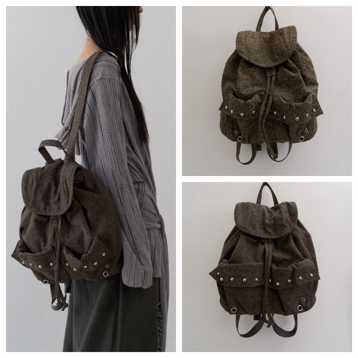 韩国lowear直邮代购2025时尚休闲大容量豹纹百搭双肩背包手拎女包