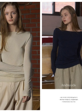韩国andneeds直邮代购2025春秋女装百搭时尚一字领露肩长袖T恤