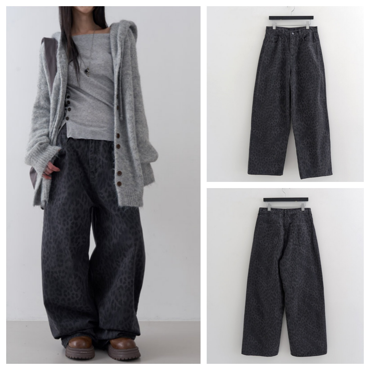 韩国lowear直邮代购2025春秋宽松休闲时尚百搭豹纹拖地牛仔长裤