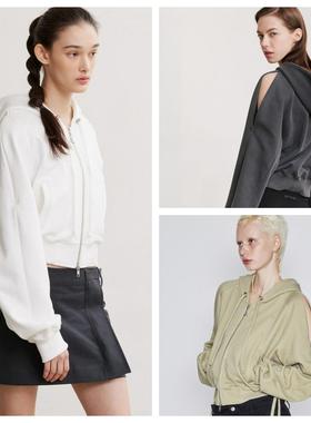 韩国afterhours直邮代购2025春秋女装露肩拉链连帽休闲短款外套