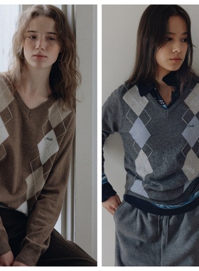 韩国andneeds直邮代购2025春秋女装长袖V领针织衫菱形块套头上衣