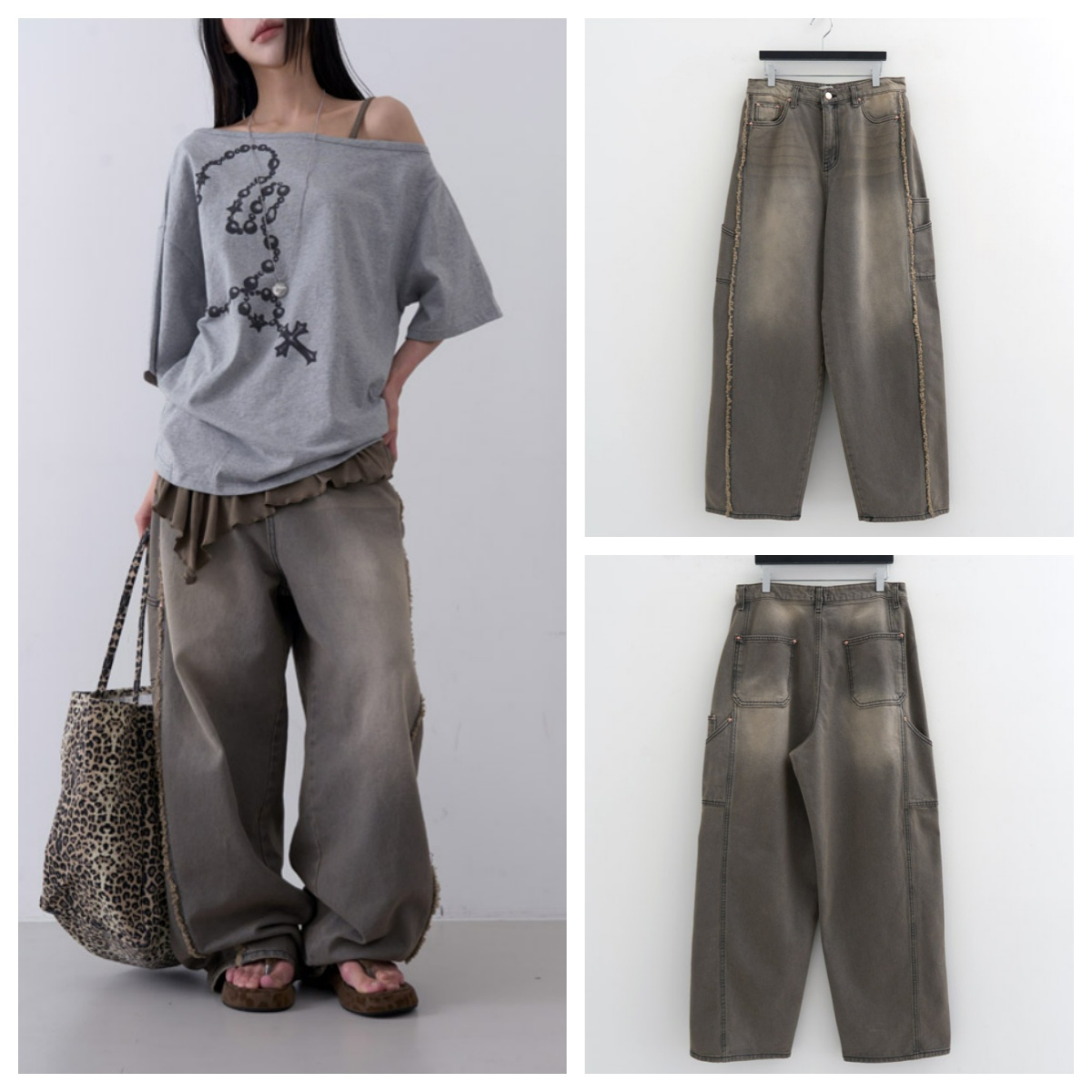 韩国lowear直邮代购2025春秋宽松休闲时尚百搭毛边拖地牛仔长裤