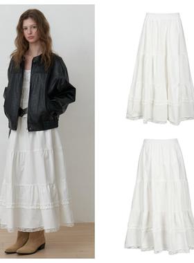 韩国among直邮代购2025春秋女装压褶时尚A字白色淑女百搭半身长裙