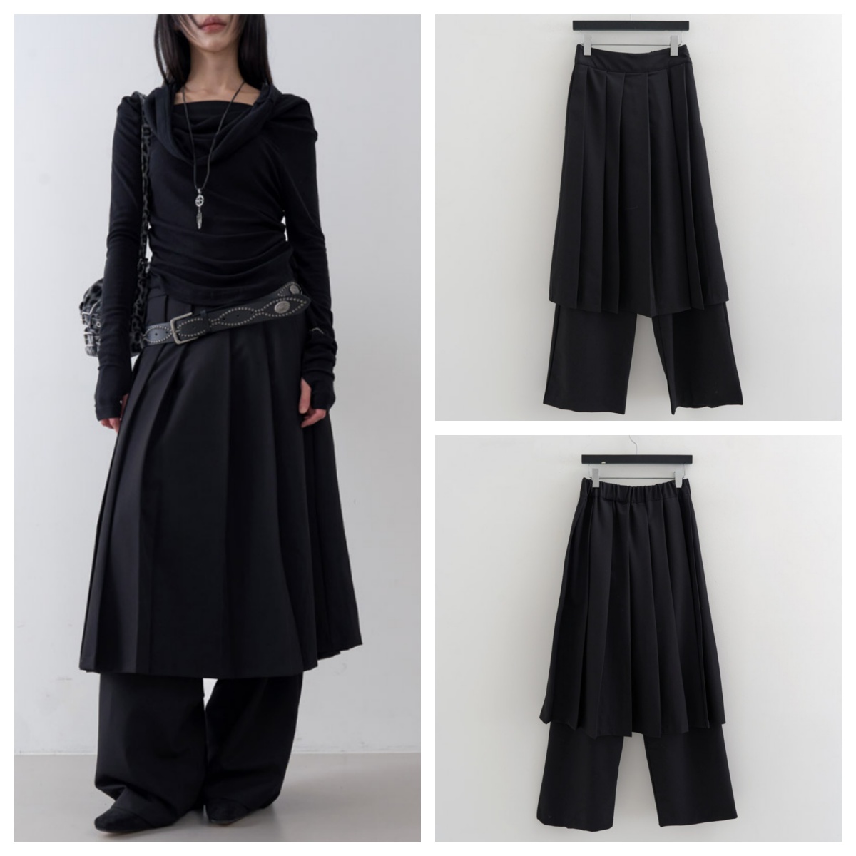 韩国lowear直邮代购2025春秋女装宽松时尚百搭中长百褶裙长裤裙裤