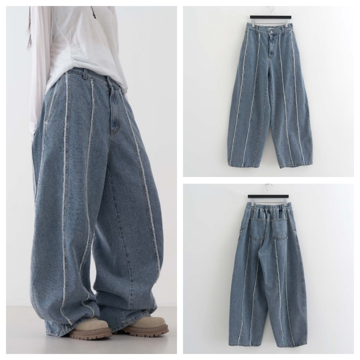 韩国lowear直邮代购2025春秋宽松休闲时尚百搭毛条拖地牛仔长裤