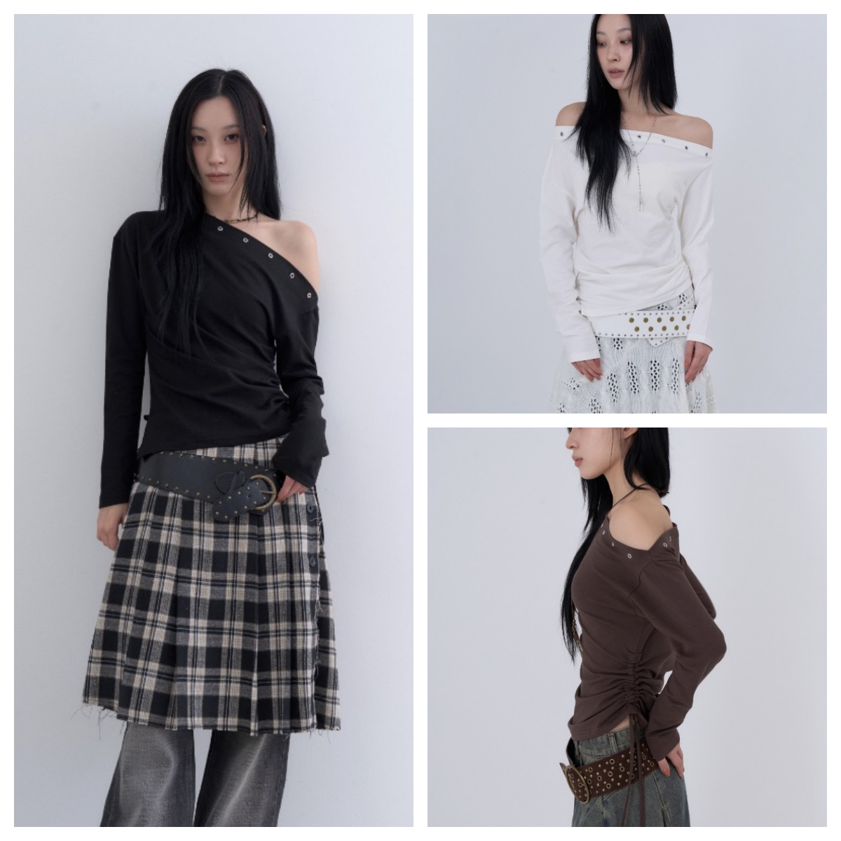 韩国lowear直邮代购2025春秋冬女装休闲百搭露肩孔眼长袖T恤上衣