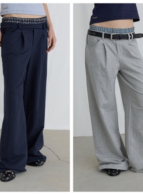 韩国ordes直邮代购2025春秋女装百搭宽松时尚拼接腰阔腿直筒长裤