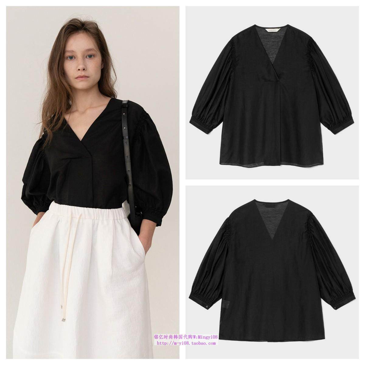 韩国KINDERSALMON直邮代购2024秋春女装V领灯笼袖衬衫宽松上衣