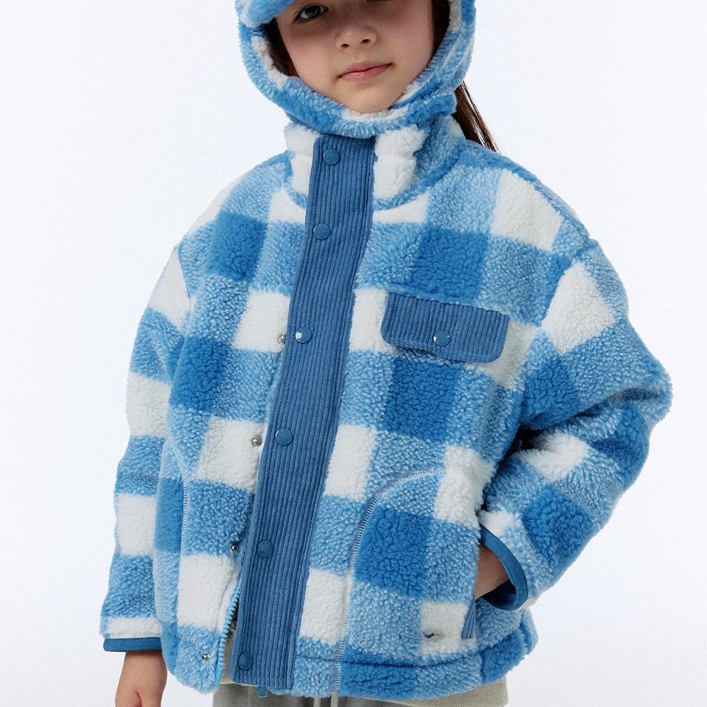 clove韩国代购2024春秋男女童蓝色格子百搭拉链休闲长袖外套童装