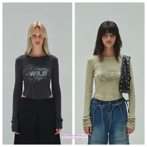 韩国diagonal直邮代购2024秋春女装短款修身显瘦圆领长袖T恤上衣