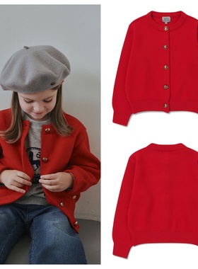 been韩国直邮代购2025秋春儿童针织红色开衫毛衣外套童装100-165