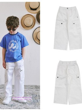 been韩国代购2024夏儿童中大童白色休闲宽松工装长裤童装110-165