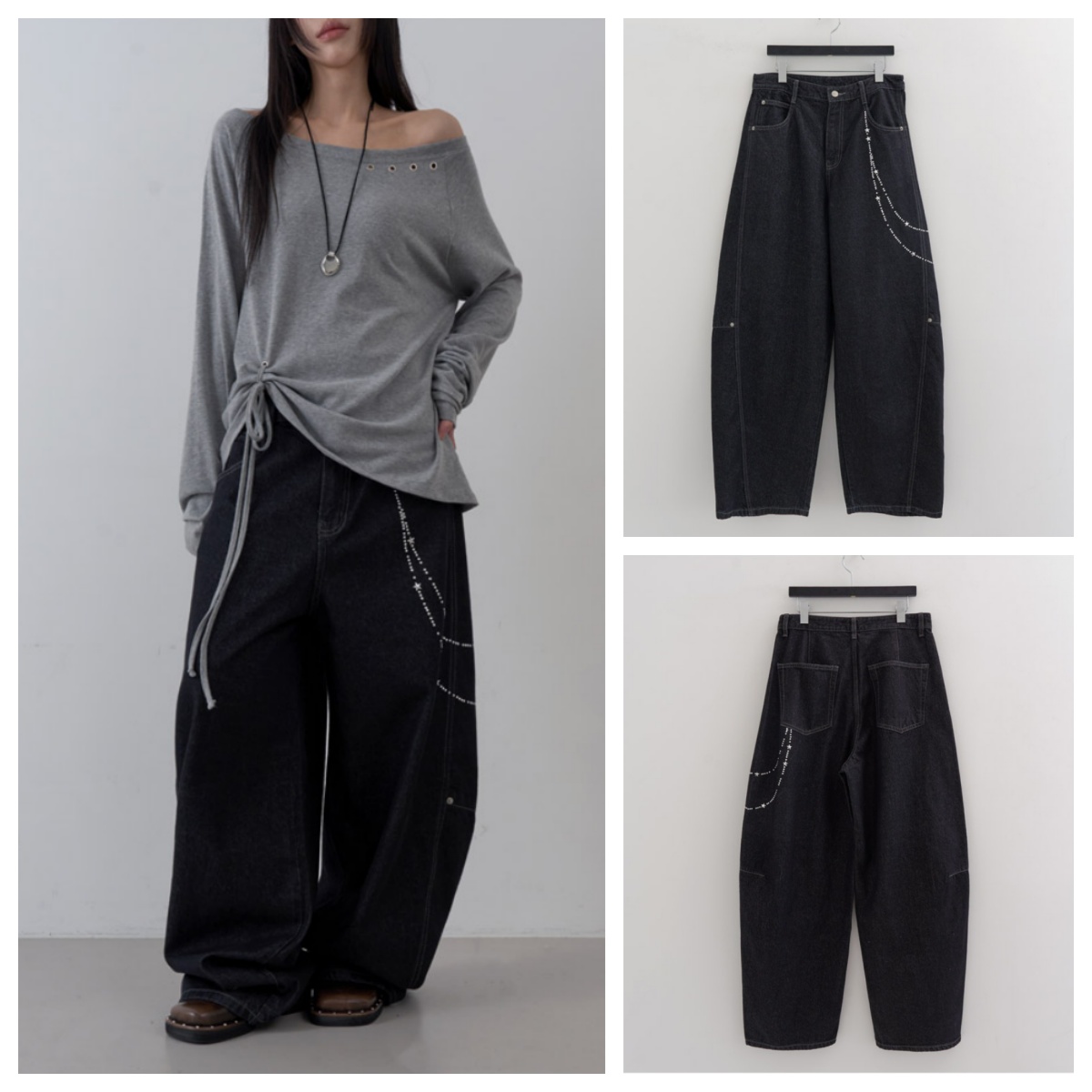 韩国lowear直邮代购2025秋冬宽松休闲时尚百搭星星拖地牛仔长裤