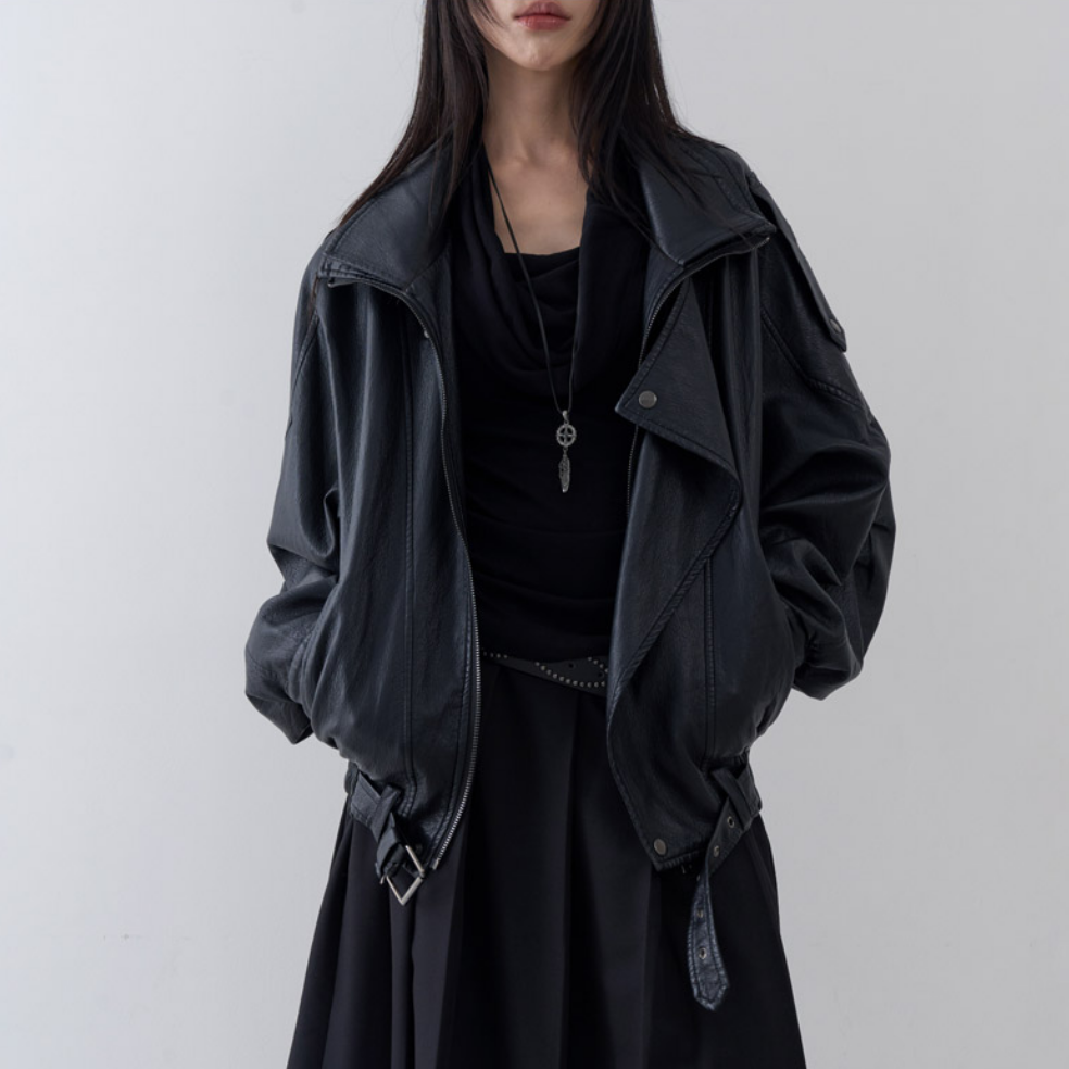 韩国lowear直邮代购2025春秋帅气休闲合成皮革皮衣女装上衣外套