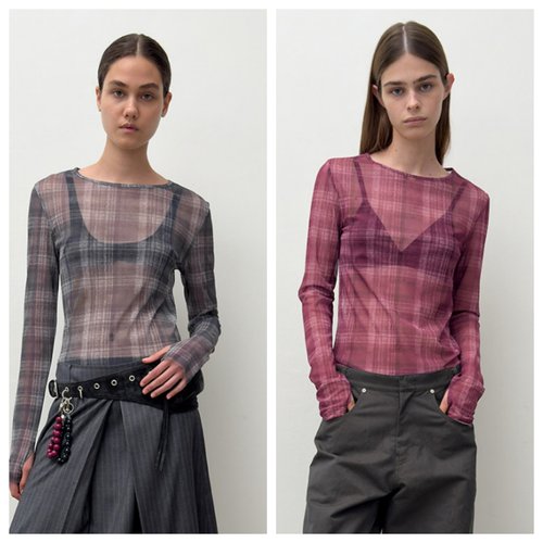 韩国diagonal直邮代购2025春秋女装百搭透视格子时尚休闲长袖T恤