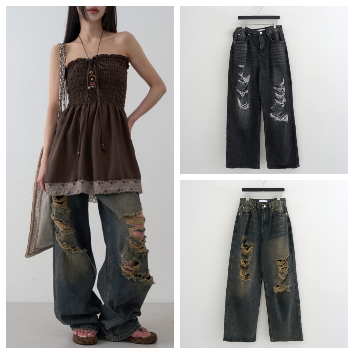 韩国lowear直邮代购2025春秋宽松休闲时尚百搭破洞做旧牛仔长裤