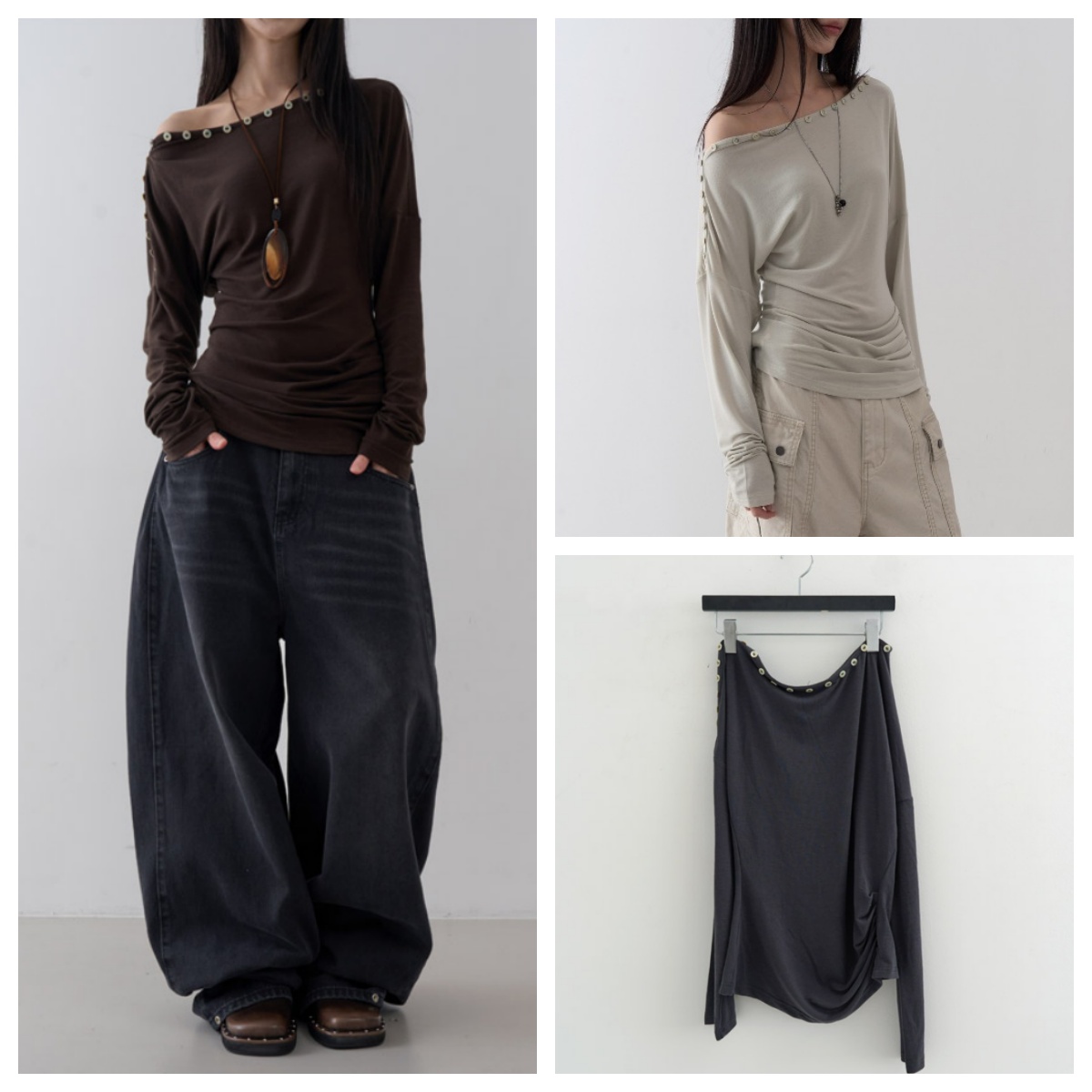 韩国lowear直邮代购2025春秋女装休闲百搭钉扣露肩长袖T恤上衣