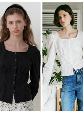 韩国among直邮代购2024春秋女装气质一字领衬衫泡泡袖长袖上衣