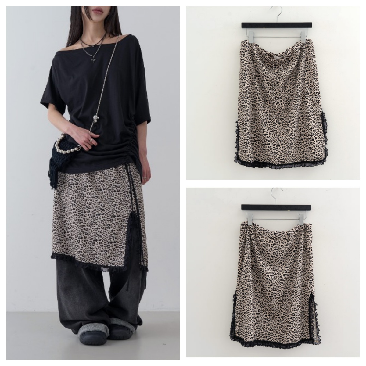 韩国lowear直邮代购2025春秋女装百搭时尚休闲蕾丝豹纹开叉半身裙