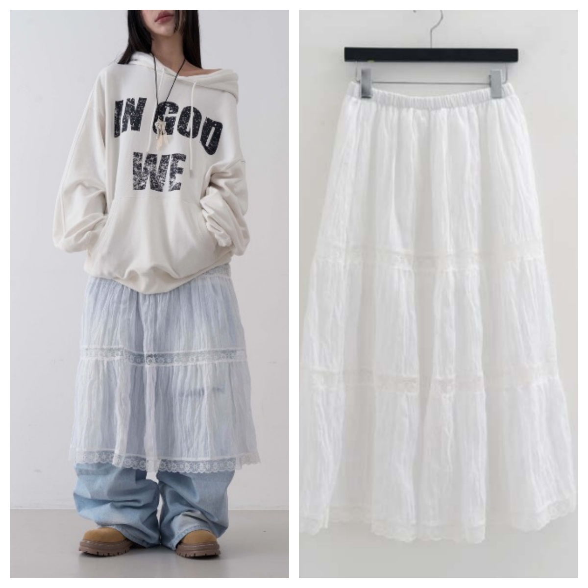 韩国lowear直邮代购2025春秋女装百搭蕾丝白色宽松A字半身长裙