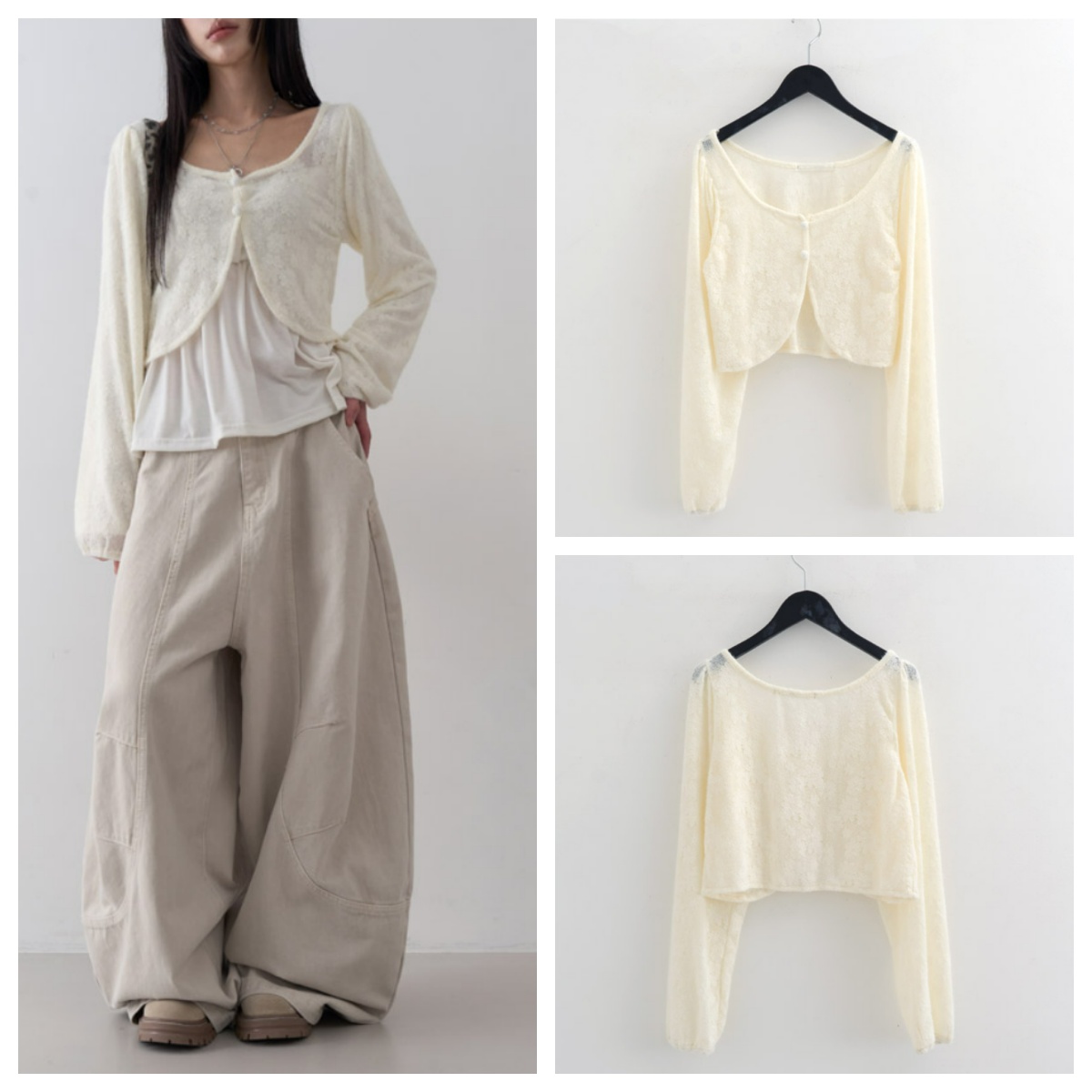 韩国lowear韩国直邮代购2025春秋女装气质时尚蕾丝短款圆边上衣