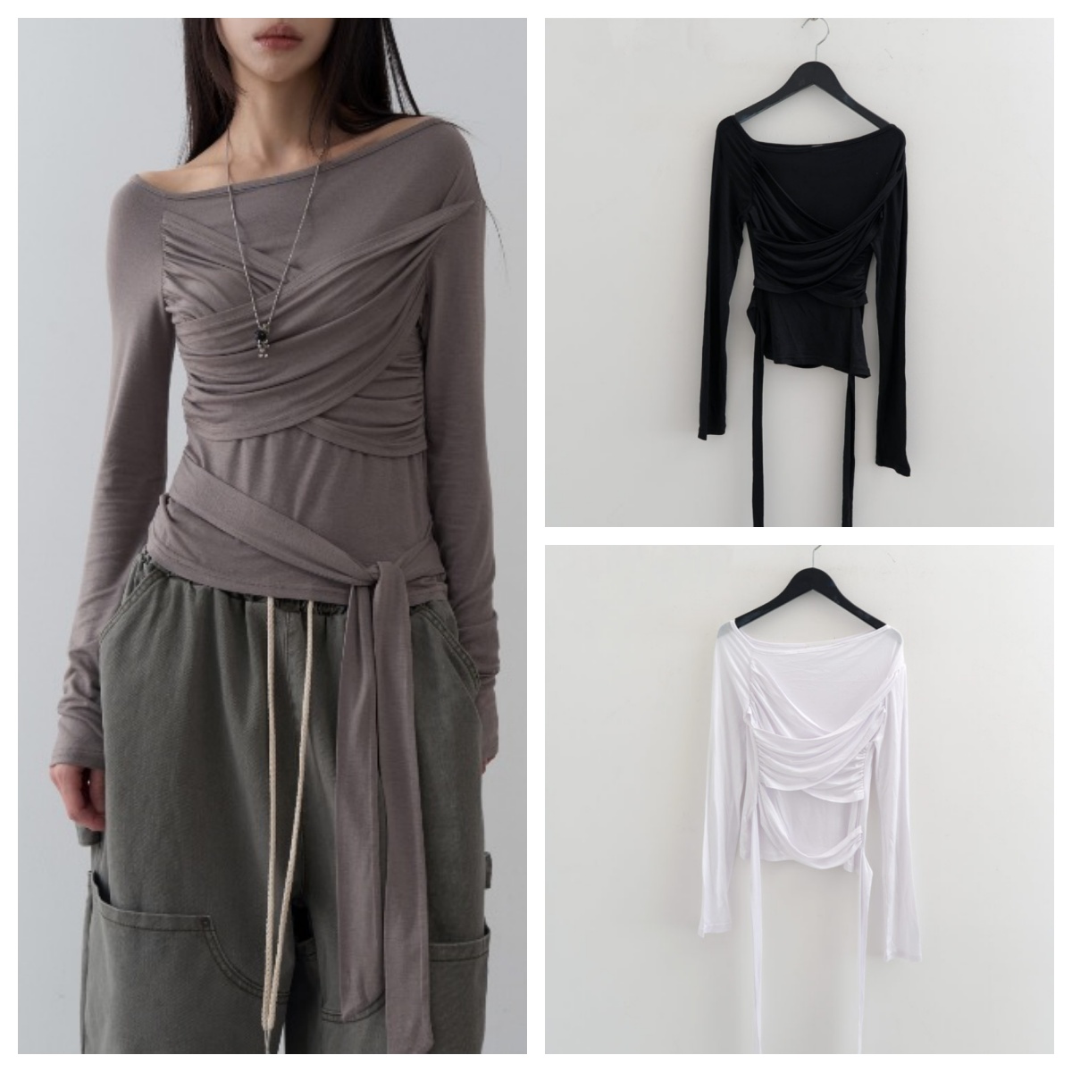 韩国lowear直邮代购2025春秋女装时尚百搭交叉褶皱长袖T恤上衣