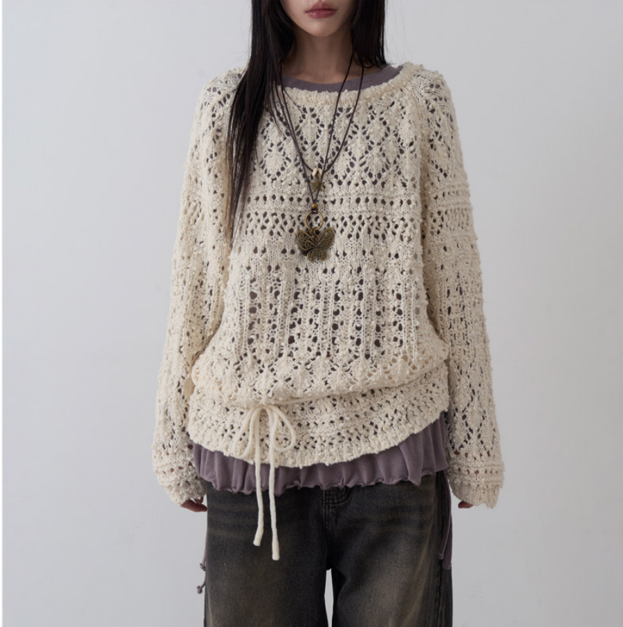 韩国lowear直邮代购2025春秋女装蕾丝套头针织衫百搭时尚休闲上衣