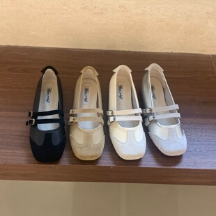 内增高真皮玛丽珍单鞋女鞋子2026新款春季百搭绒面拼接黑色通勤鞋