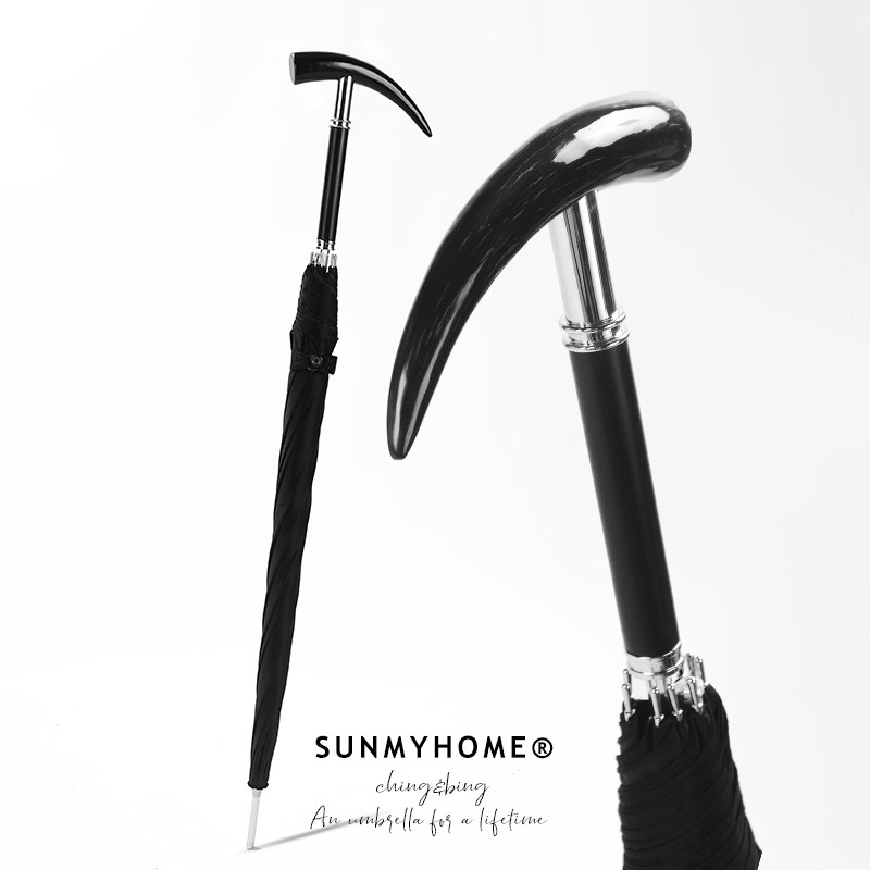 SUNMYHOME天然黑牛角手柄长柄伞