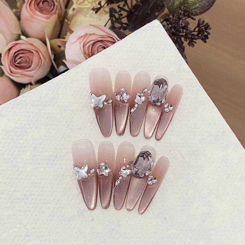 美甲  冰透裸色紫色渐变侧光猫眼精品K9九紫离火穿戴甲片芊指媚