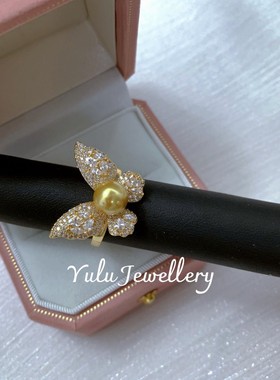 母贝仿珍珠注金蝴蝶戒指