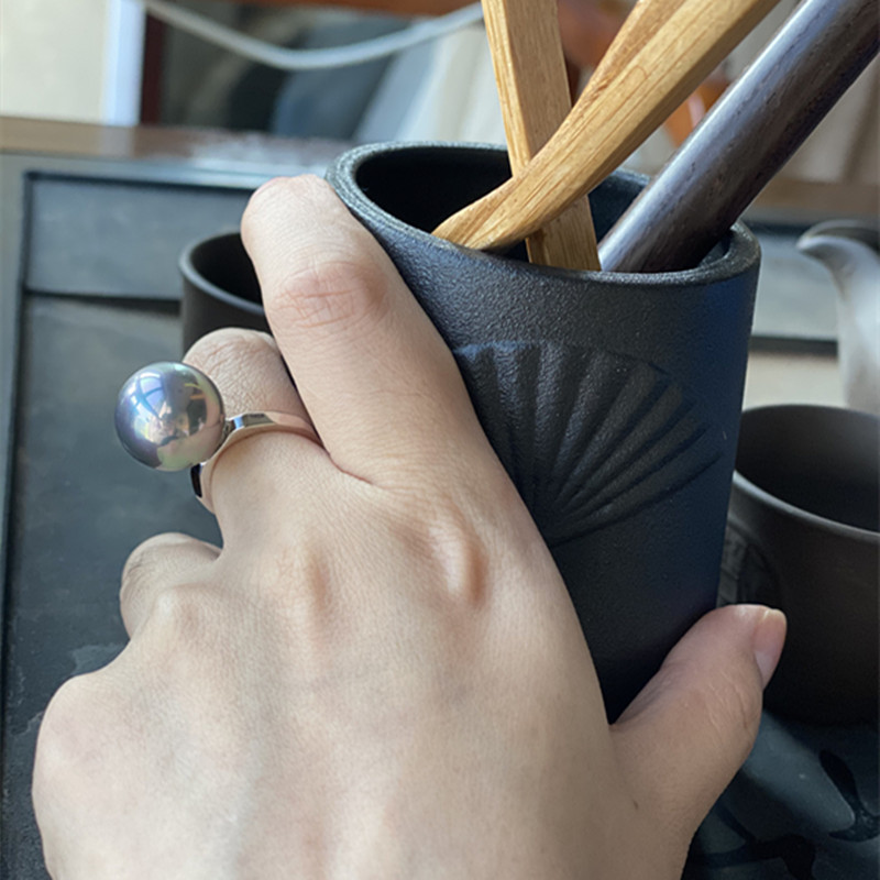 贝宝仿珍珠大溪地灰色系正圆强光纯银立体菱形切面戒指优雅女欧美